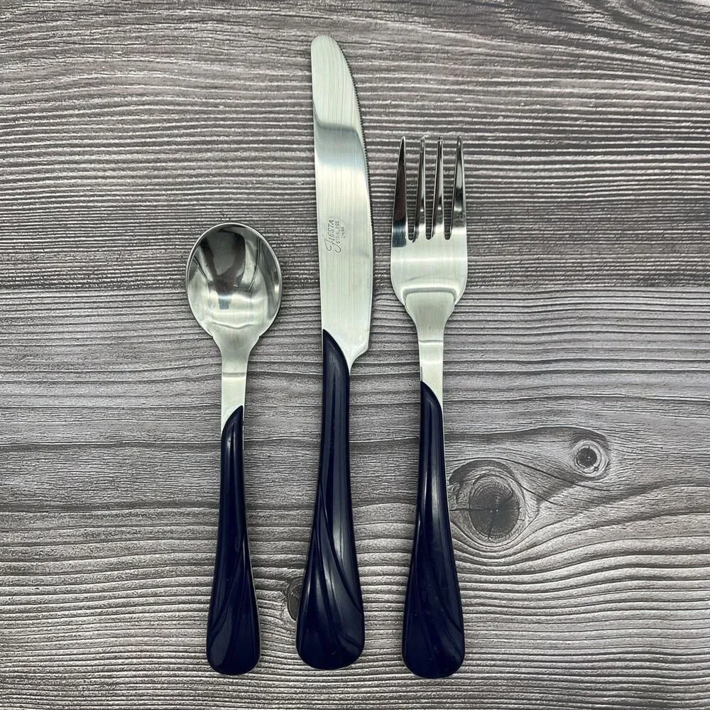 Fiesta Swirl Flatware Silverware 3 Piece Set Stainless 1990s - Blue Dark Navy